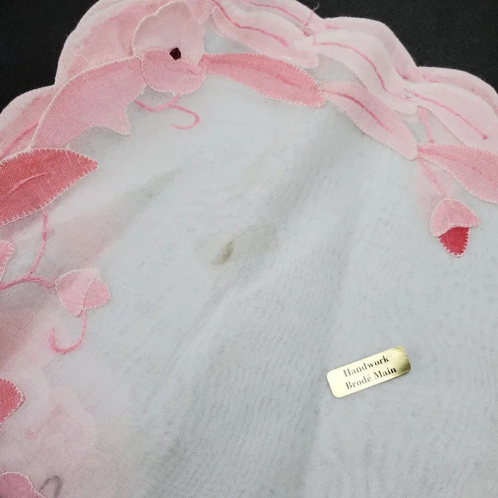 VTG 4 Hand Applique Embroidered Organdy Linen Placemats Pink White By Brode Main